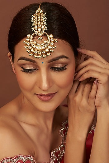 Gold Plated Kundan Polki & Pearls Maangtikka