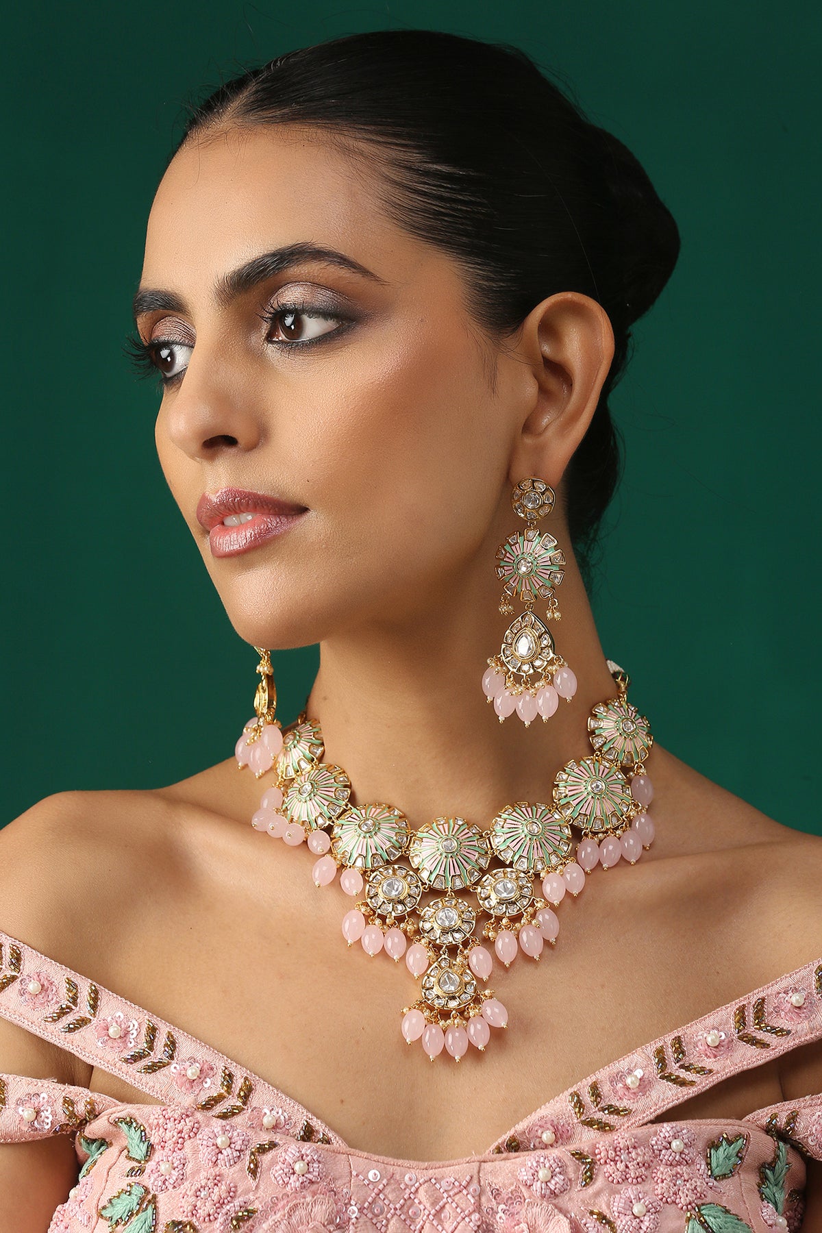 Gold Plated Pink Beads Necklace Set