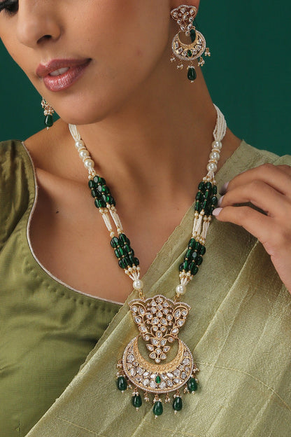 Gold Plated Beaded Long Pendant Necklace Set
