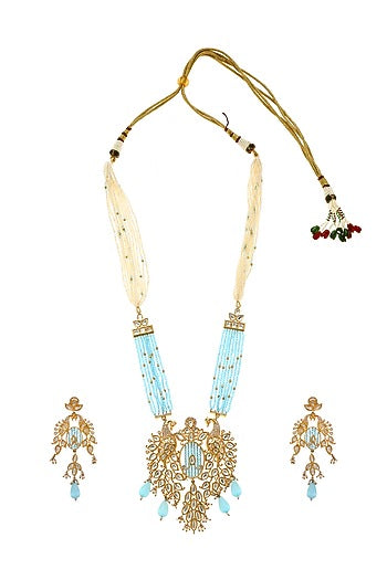 Gold Plated Aqua Beaded Long Pendant Necklace Set