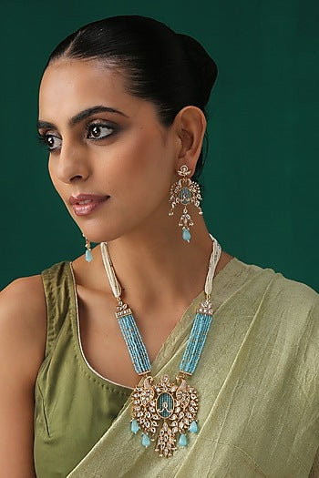 Gold Plated Aqua Beaded Long Pendant Necklace Set