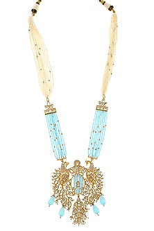 Gold Plated Aqua Beaded Long Pendant Necklace Set
