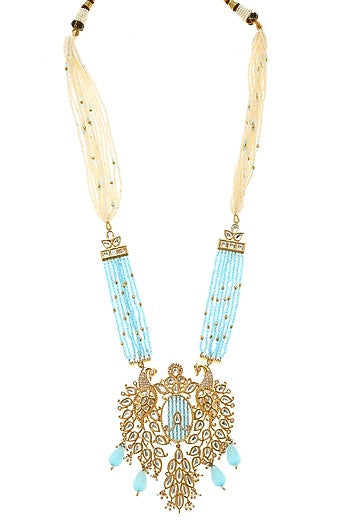 Gold Plated Aqua Beaded Long Pendant Necklace Set