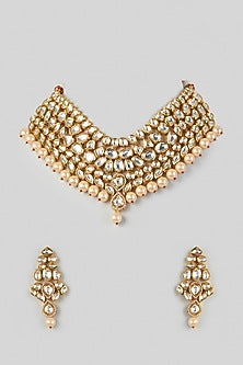 Gold Plated Kundan Polki & Pearl Necklace Set