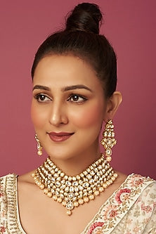 Gold Plated Kundan Polki & Pearl Necklace Set
