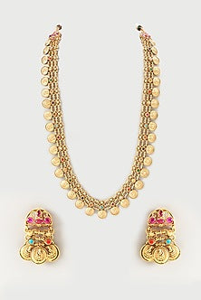 Gold Finish Navratna Lakshmi Long Necklace Set