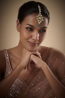 Gold Plated Kundan Polki & Emerald Beaded Meenakari Maang Tikka