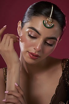 Gold Plated Kundan Polki & Emerald Beaded Maang Tikka