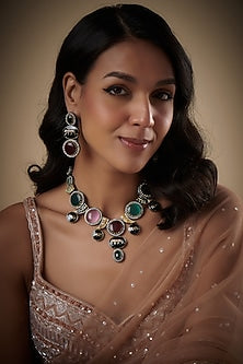 Gold Finish Multi-Colored Stone & Crystal Long Necklace Set