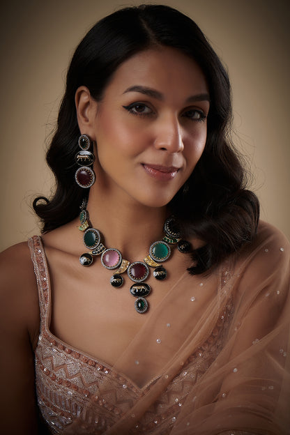 Gold Finish Multi-Colored Stone & Crystal Long Necklace Set