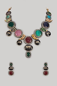 Gold Finish Multi-Colored Stone & Crystal Long Necklace Set