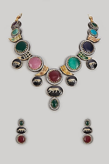 Gold Finish Multi-Colored Stone & Crystal Long Necklace Set