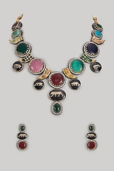 Gold Finish Multi-Colored Stone & Crystal Long Necklace Set