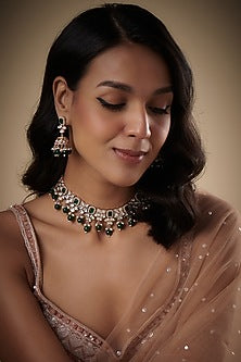 Gold Plated Kundan Polki & Emerald Stone Necklace Set