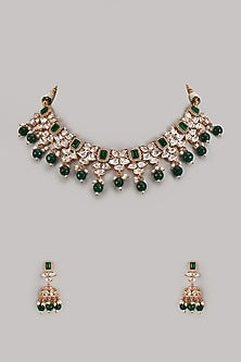 Gold Plated Kundan Polki & Emerald Stone Necklace Set