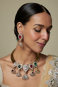 Two-Tone Finish Kundan Polki & Multi-Colored Stone Hasli Necklace Set