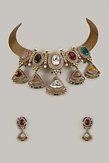 Two-Tone Finish Kundan Polki & Multi-Colored Stone Hasli Necklace Set