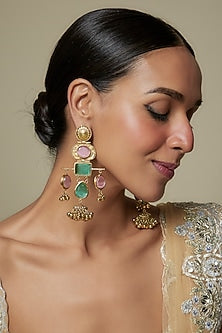 Gold Plated Kundan Polki & Pink Stone Dangler Earrings
