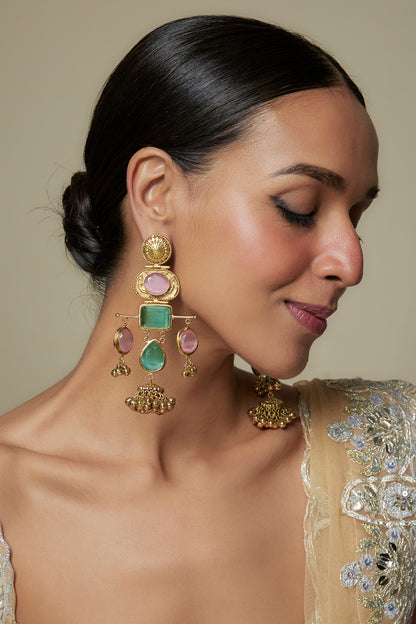 Gold Plated Kundan Polki & Pink Stone Dangler Earrings