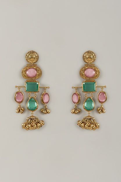 Gold Plated Kundan Polki & Pink Stone Dangler Earrings