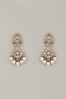 Gold Plated Kundan Polki & Red Beaded Dangler Earrings