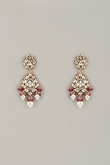 Gold Plated Kundan Polki & Red Beaded Dangler Earrings