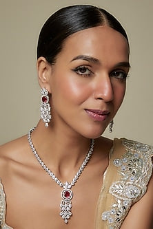White Gold Finish Red Stone & Cubic Zirconia Necklace Set