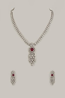 White Gold Finish Red Stone & Cubic Zirconia Necklace Set