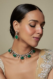 Two-Tone Antique Finish Kundan Polki & Emerald Green Stone Necklace Set