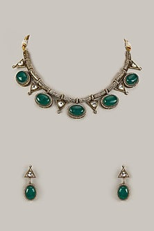 Two-Tone Antique Finish Kundan Polki & Emerald Green Stone Necklace Set