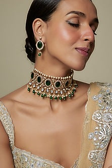 Gold Plated Kundan Polki & Green Stone Choker Necklace Set