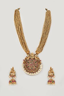 Gold Finish Kemp Stone Temple Necklace Set