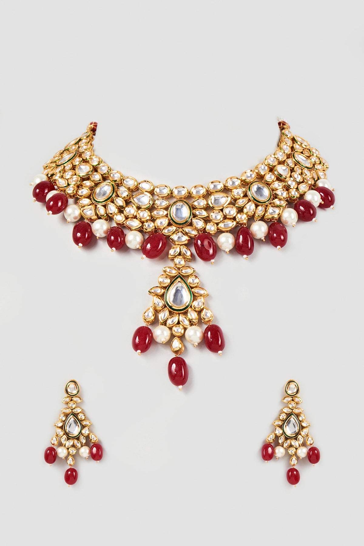 Gold Plated Kundan Polki Beaded Necklace Set