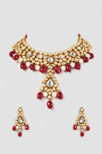 Gold Plated Kundan Polki Beaded Necklace Set