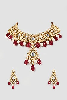 Gold Plated Kundan Polki Beaded Necklace Set
