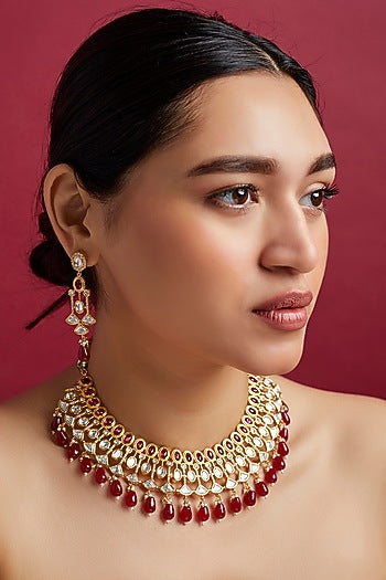 Gold Plated Kundan Polki & Agate Necklace Set