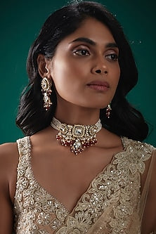 Gold Plated Kundan Polki & Pearl Meenakari Choker Necklace Set