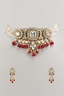 Gold Plated Kundan Polki & Pearl Meenakari Choker Necklace Set