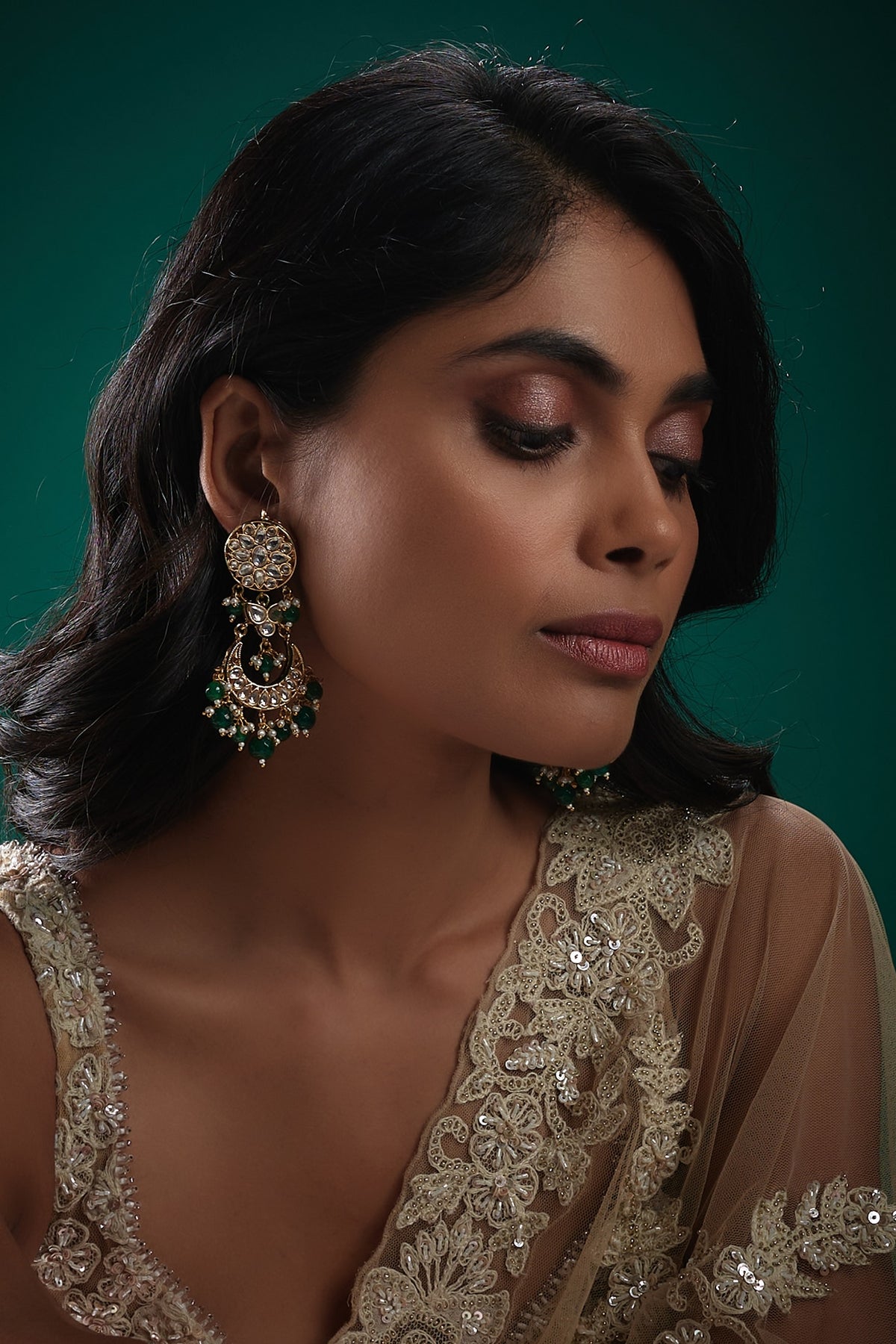 Gold Plated Kundan Polki & Green Beaded Meenakari Dangler Earrings