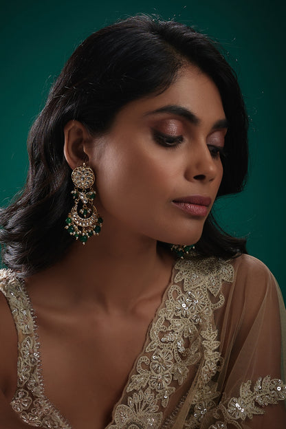 Gold Plated Kundan Polki & Green Beaded Meenakari Dangler Earrings