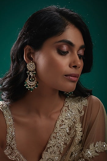 Gold Plated Kundan Polki & Green Beaded Meenakari Dangler Earrings