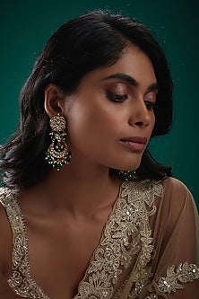 Gold Plated Kundan Polki & Green Beaded Meenakari Dangler Earrings