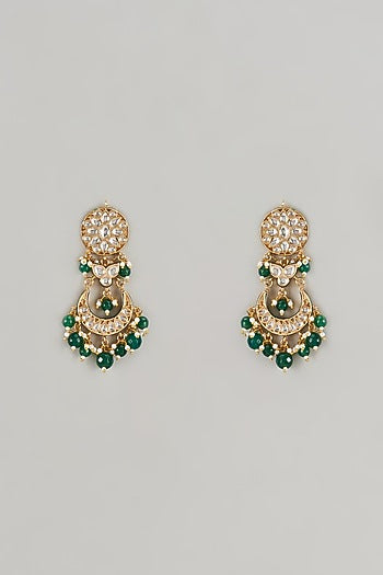 Gold Plated Kundan Polki & Green Beaded Meenakari Dangler Earrings
