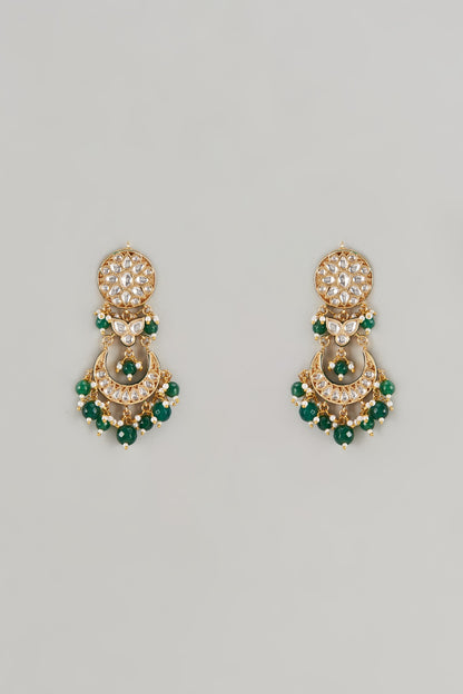 Gold Plated Kundan Polki & Green Beaded Meenakari Dangler Earrings