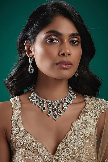 White Finish Cubic Zirconia & Emerald Stone Necklace Set