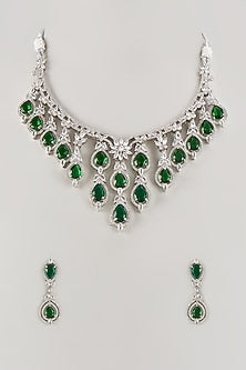 White Finish Cubic Zirconia & Emerald Stone Necklace Set