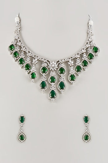 White Finish Cubic Zirconia & Emerald Stone Necklace Set