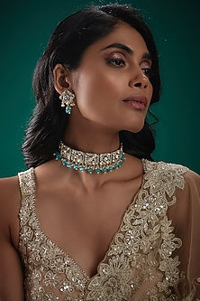 Two-Tone Finish Kundan Polki & Blue Beaded Necklace Set