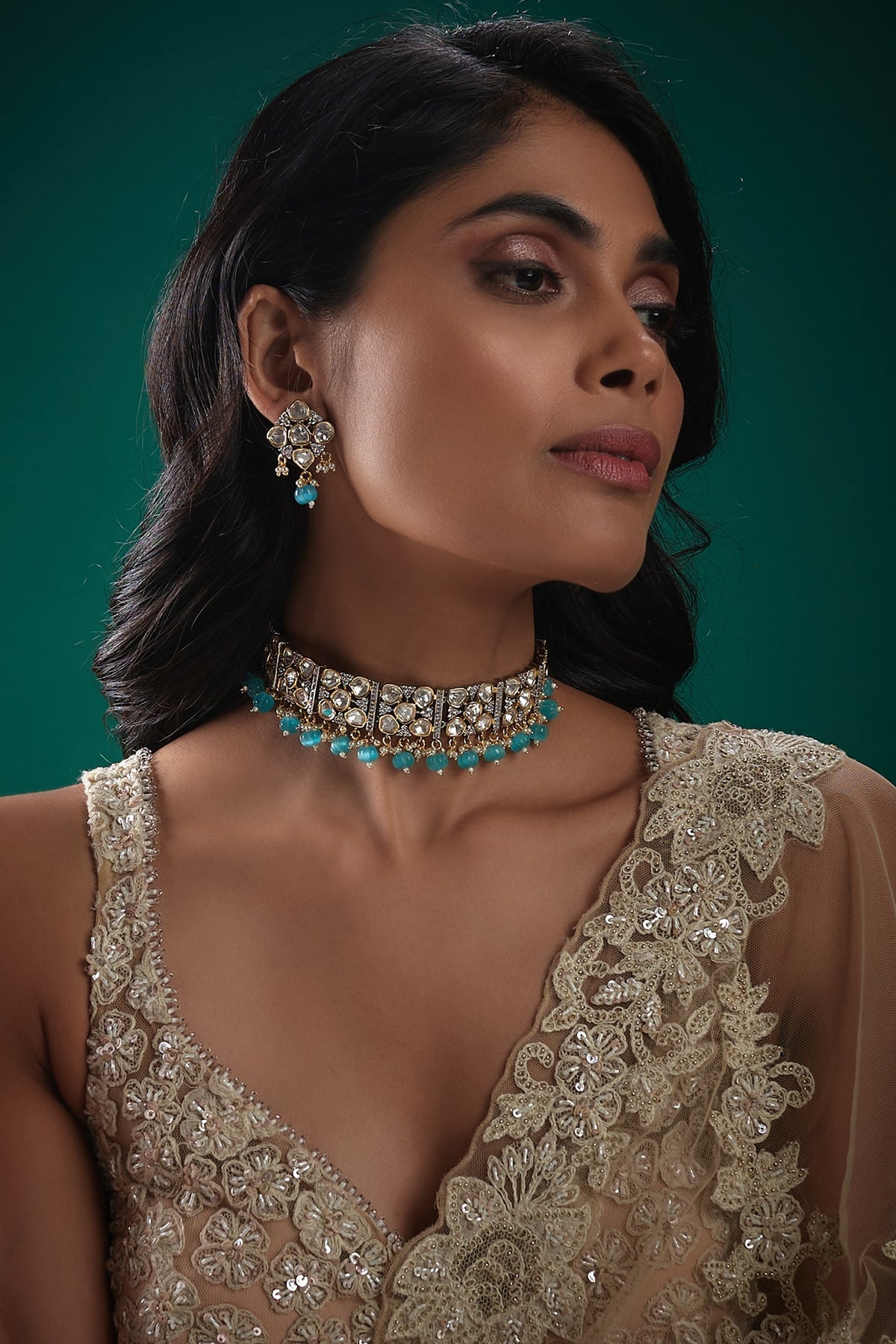 Two-Tone Finish Kundan Polki & Blue Beaded Necklace Set