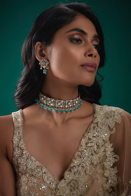 Two-Tone Finish Kundan Polki & Blue Beaded Necklace Set